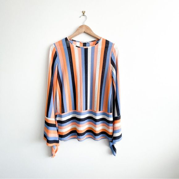 Zara Blouse Horizontal Vertical Stripes Bell Sleeves Women's S Orange Blue - Picture 1 of 7